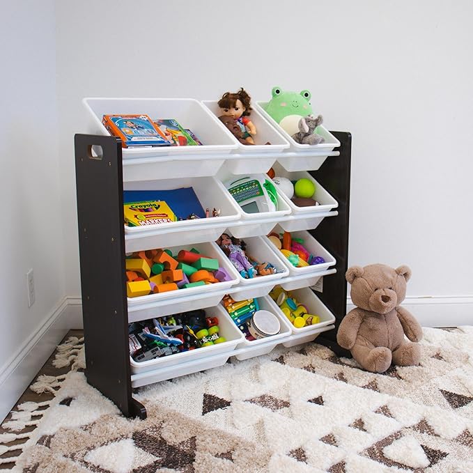 Humble Crew Kids Toy Storage Organizer with 12 Plastic Bins, Espresso/White – Removable Bins for Playroom, Bedroom, Toddler Furniture for Boys and Girls Ages-Ruum Studio Home