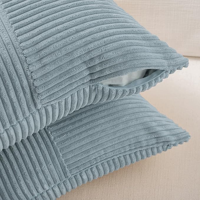 Fancy Homi Set of 2 Light Blue Samll Decorative Throw Pillow Covers 18x18 Inch with for Couch Bed Sofa Living Room, Soft Cross Patchwork Striped Corduroy Coastal Blue Square Cushion Case 45x45 cm-Ruum Studio Home