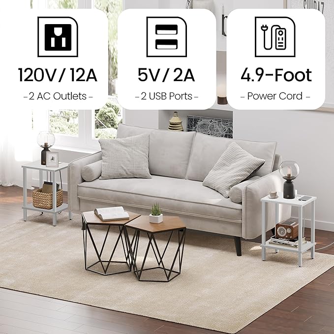 TUTOTAK End Table with Charging Station, Small Side Table with Outlets, Nightstand Bedside Table, 2-Tier Storage Shelf for Small Space, Living Room, Bedroom, White TB01BW040-Ruum Studio Home