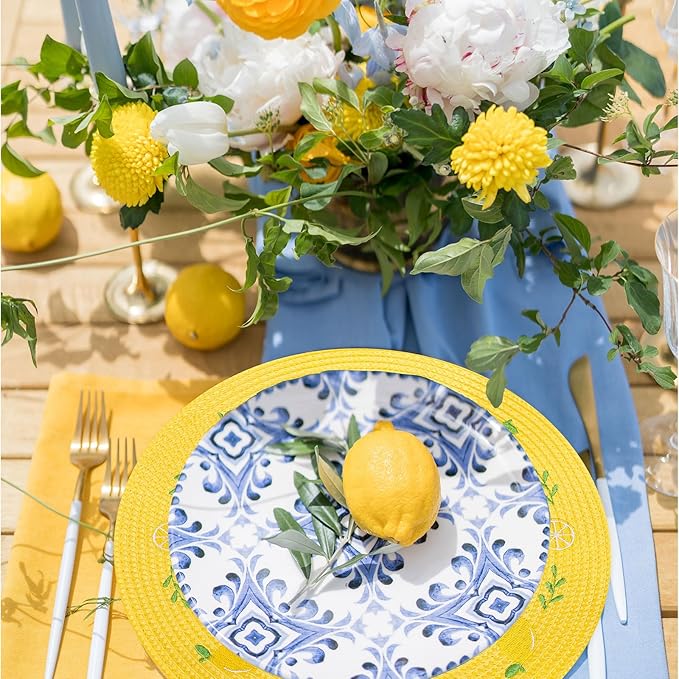 Whaline 4Pcs Round Placemats Lemon Embroidered Place Mats Summer Lemon Greenery Leaves Dinner Table Mats for Home Wedding Baby Shower Birthday Party Decor-Ruum Studio Home
