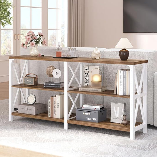 LVB Industrial Entryway Table, Farmhouse Rustic Console Table Behind Couch, Long Metal Sofa Table with Storage Shelf, Modern Hallway Table for Living Room Bedroom,White and Rustic Oak,63 inch-Ruum Studio Home