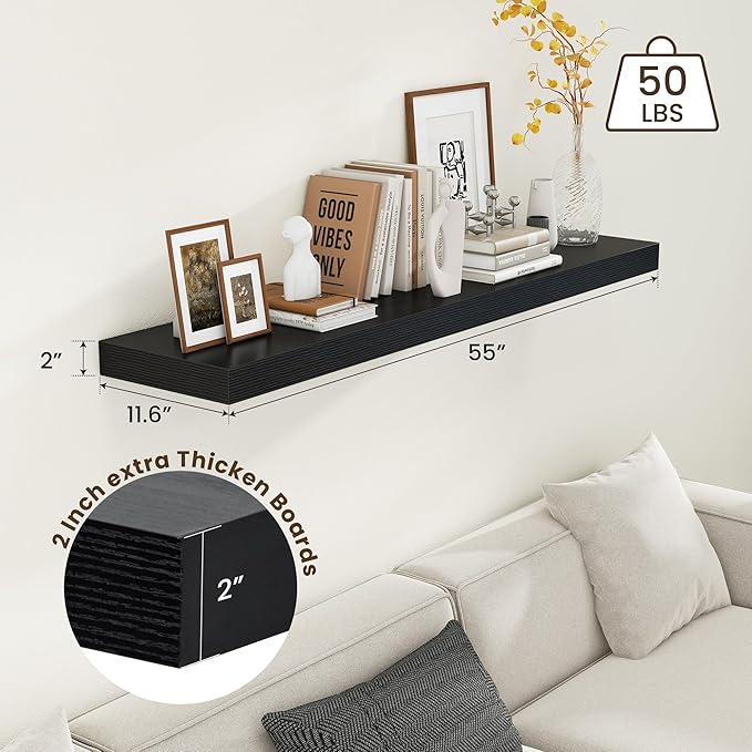 Black Floating Shelves for Wall - 55 Inch Wide x 12 Inch Deep Wall Shelves Set of 1 - Rustic Black Wood Shelves for Living Room, Bathroom, Laundry Room, Bedroom, Kitchen, Home Office-Ruum Studio Home