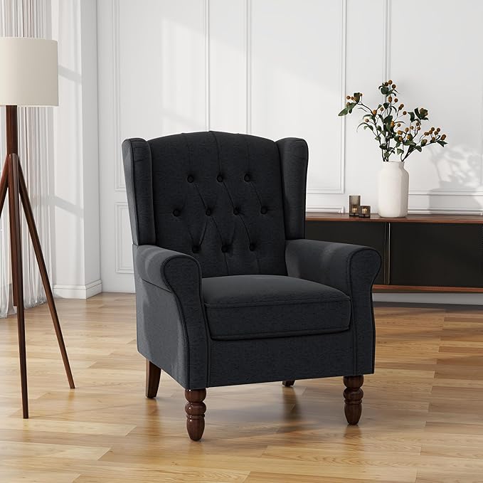 UIXE High Back Accent Chairs Set of 2, Upholstered Armchair in Fabric, Retro Wingback Arm Chair for Living Room, Comfy Single Sofa Bedroom Reading Seat with Solid Wood Legs - Black Blue-Ruum Studio Home