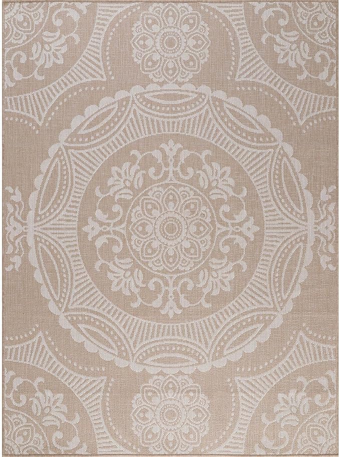 Medallion Outdoor Rug 5x7 Washable Outside Carpet for Indoor Patio Porch Waterproof Easy Cleaning Non Shedding Area Rugs Beige 5 x 7-Ruum Studio Home