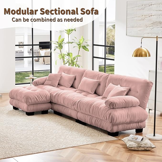 Pink 3-Seater L-Shaped Cloud Couch, Oversized Loveseat Sectional Sofa with Ottoman, Chenille Fabric, Modern Style-Ruum Studio Home