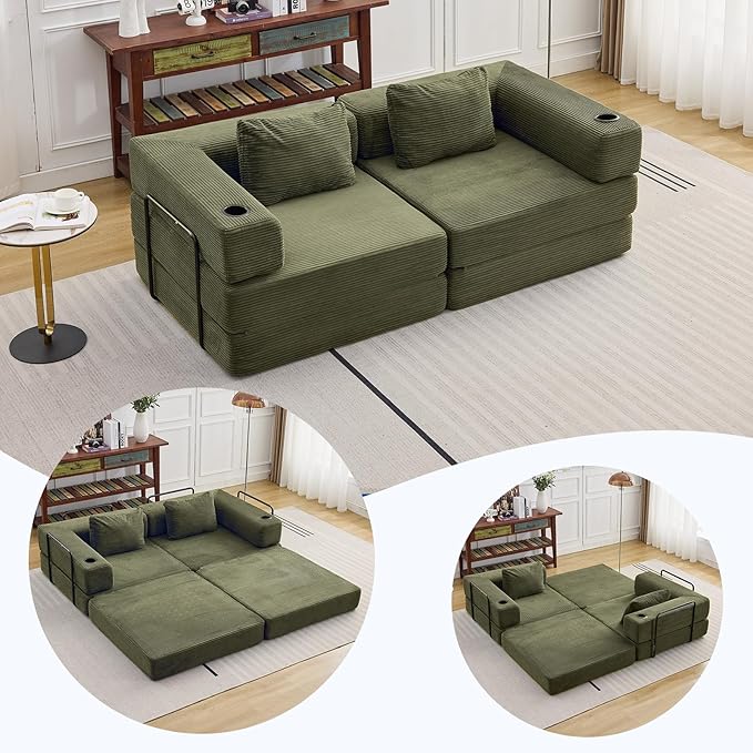 78" W Loveseat Sofa, 4 in 1 Convertible Floor Sofa Bed, Boneless Cloud Couch with Cup Holder, Fold Out Floor Couch, Loveseat Recliner Sleeper for Living Room Bedroom Lounge(Corduroy, White)-Ruum Studio Home