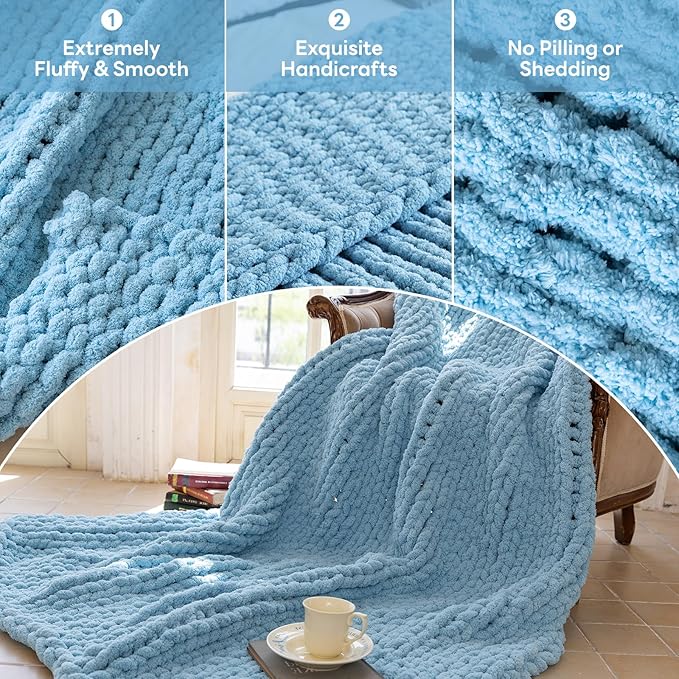 Chunky Knit Blanket - Luxury Soft Cozy 50 * 60 Throw Blanket,100% Woven Blanket Rope Knot Throw Blanket for Couch, Sofa, Home Decor, Gift - Machine Washable（Light Blue）-Ruum Studio Home