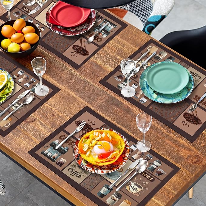 Coffee Theme Placemats Set of 4 Farmhouse Style Brown Linen Fabric Table Mat 12x18 Inch Washable Heat Resistant Non-Slip Place Mats for Home Party Kitchen Dining Decor-Ruum Studio Home