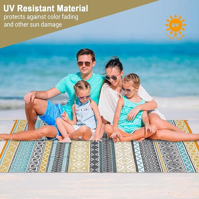 GAOMON Outdoor Rug 9'x12' Waterproof Rug for Patio Decor, Foldable Reversible Plastic Straw Area Rugs Mat for Camper, Outside Carpet for Deck, Porch, Picnic, Beach, Teal/Yellow(Bohemia)-Ruum Studio Home