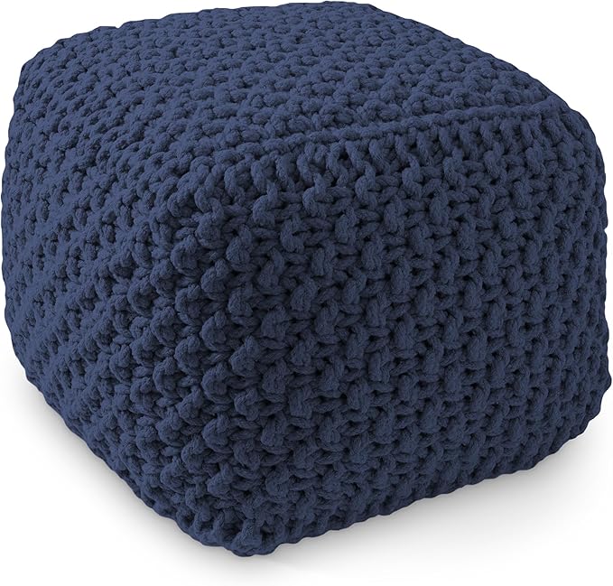 Casafield Square Pouf Ottoman, Navy Blue 18.5" W x 18.5" D x 14.5" H Cotton Knit Foot Stool - Boho Floor Pouffe for Living Room, Bedroom, Home Office-Ruum Studio Home