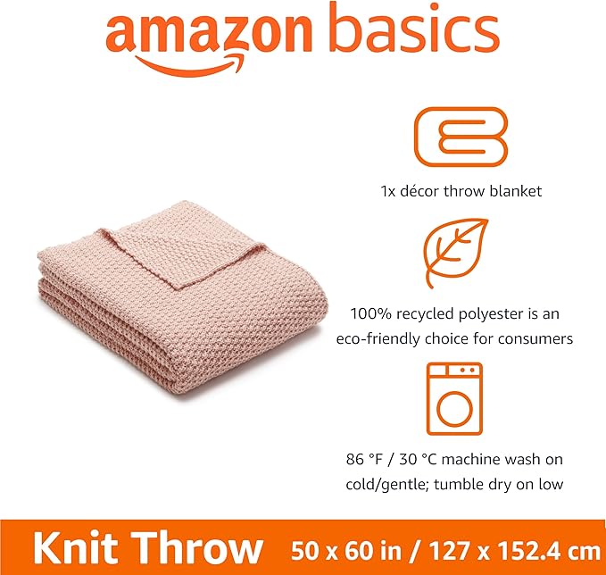 Amazon Basics Chunky Cable Knit Throw Blanket for Couch, Sofa, Bed, Lightweight Soft Cozy, Dusty Rose, 50"x 60"-Ruum Studio Home