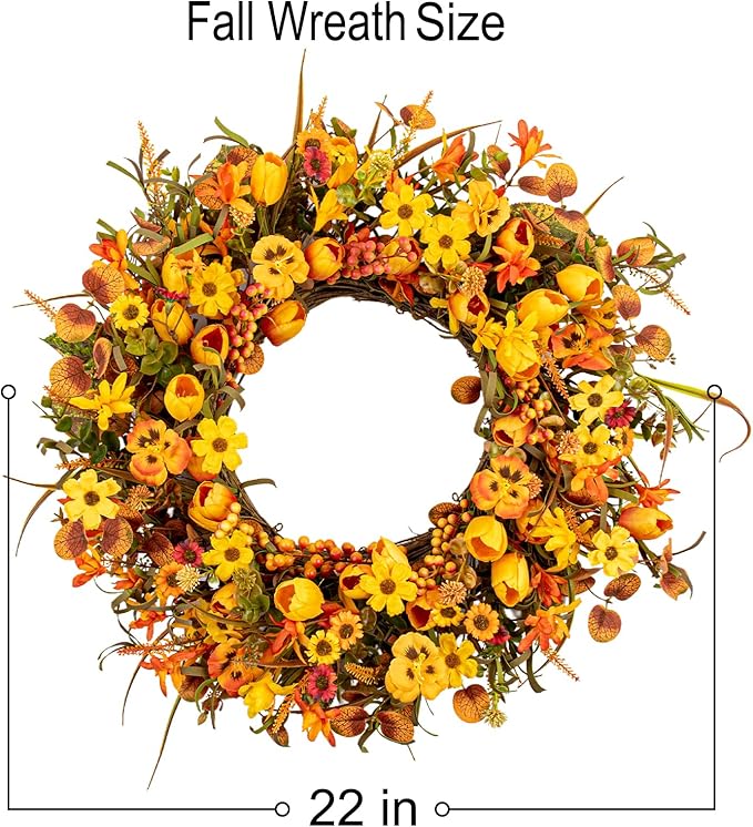 22 Inches Fall Wreaths for Front Door Rustic Autumn Wreath Farmhouse Fall Floral Wreaths with Tulips Orange Wildflowers for Wall Window Porch Indoor Outside-Ruum Studio Home