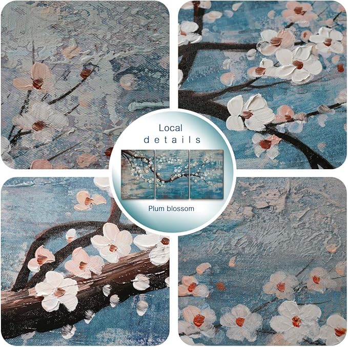 amatop Wall Art for Living Room 100% Hand-Painted Flower Oil Painting On Canvas Gallery Wrapped Large Framed Floral Plum Blossom Tree Teal Blue Artwork for Home Bedroom Decor 48"x24"-Ruum Studio Home