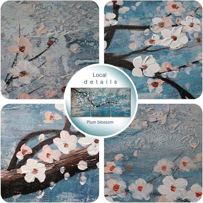 amatop Extra Large Wall Art for Living Room 100% Hand-Painted Framed Decorative Plum Floral Oil Painting Set Decorative Modern Blue Tree Artwork Ready to Hang-Ruum Studio Home