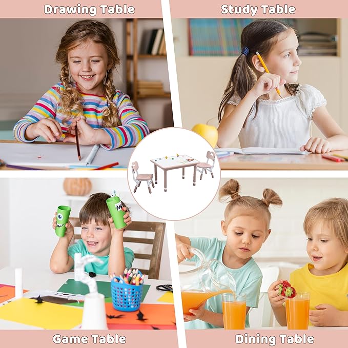 Kids Table and 2 Chairs Set, Height Adjustable (17.7"-26.1") Toddler Table and Chair Set, Multi-Activity Table with Graffiti Desktop, Children’s Table and Chairs for Classroom, Home & Daycare-Ruum Studio Home