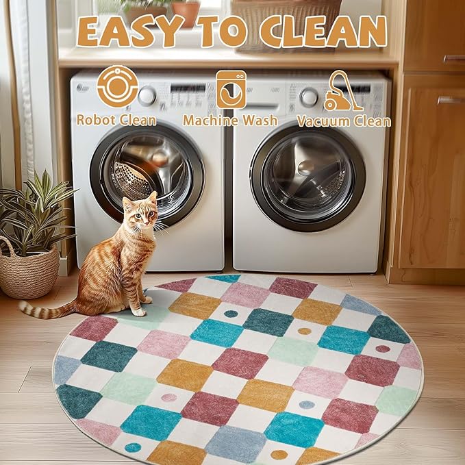 jinchan Round Rug 5ft Kids Washable Rug Indoor Floor Cover Non-Slip Soft Elementary School Classroom Modern Colorful Diamond Carpet for Nursery Daycare Bedroom Playroom Living Room Confetti on Cream-Ruum Studio Home