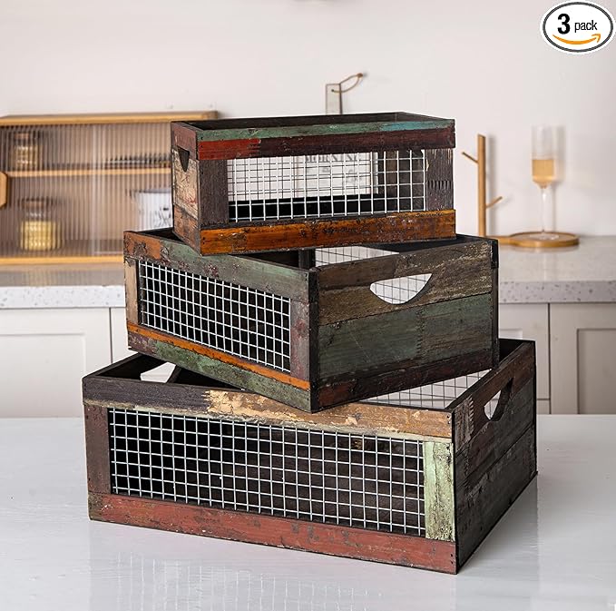 TIMRIS Set of 3 Rustic Wood Nesting Crates, Farmhouse Distressed Wooden Storage Boxes, Decorative Reclaimed Wood Organizer Baskets with Wire Mesh (Random)-Ruum Studio Home
