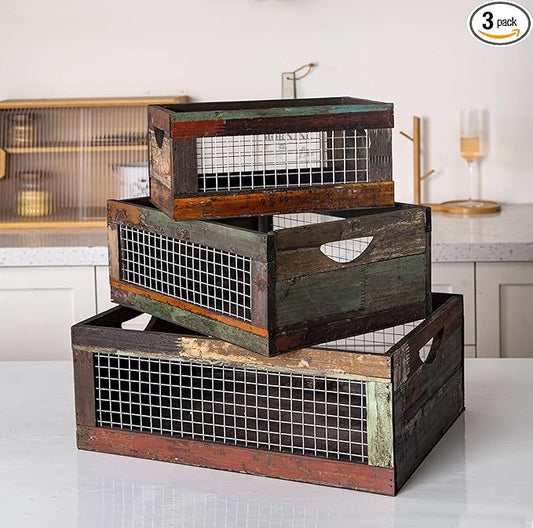 TIMRIS Set of 3 Rustic Wood Nesting Crates, Farmhouse Distressed Wooden Storage Boxes, Decorative Reclaimed Wood Organizer Baskets with Wire Mesh (Random)-Ruum Studio Home