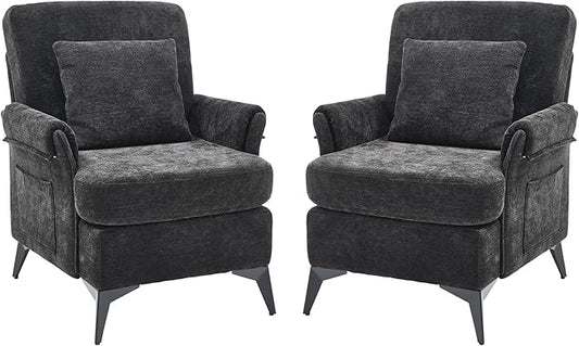 KCC Mid-Century Accent Chairs Set of 2,Chenille Modern Upholstered Single Sofa,Cozy Armchair with Back for Bedroom/Office/Cafe,Black-Ruum Studio Home