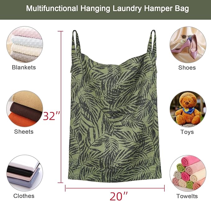 Linen Hanging Laundry Bag, 100% Linen Leaf Print Over The Door Laundry Hamper with Buttons and Zipper, Space Saving Door Hampers for Laundry Dirty Clothes Home Travel, Green, 19.7x27.5inches-Ruum Studio Home