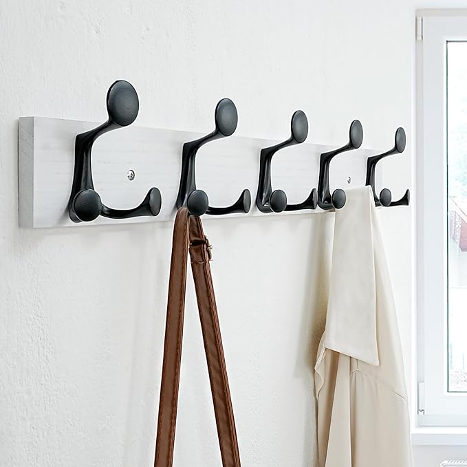 SKOLOO 24-Inch White Wood Coat Rack Wall Mount with 5 Triple Hooks - Ideal for Family Entrances, Classrooms, and Pet Supplies Storage - Perfect Coat Hooks for Wall-Ruum Studio Home