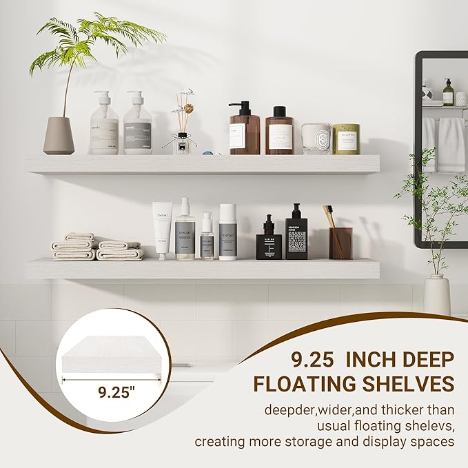 36 Inch Floating Shelves, 36"x9.25"x1.5" Inch Deep Floating Shelves for Wall, Wooden Shelves for Bathroom, Bedroom, Living Room, Cream White Oak-Ruum Studio Home