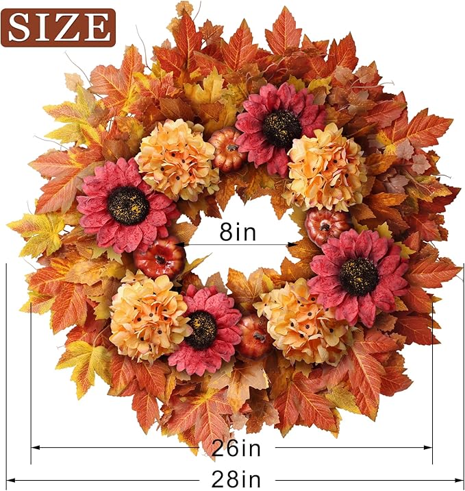 28'' Large Fall Wreath for Front Door, Porch, Window- Artificial Maple Leaves Faux Sunflower Hydrangea Pumpkins Outdoor Autumn Wreath for Home, Farmhouse Wall Thanksgiving Day Harvest Festival Decor-Ruum Studio Home