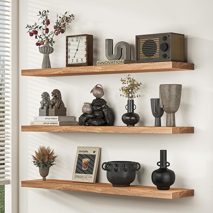 Fun Memories Wood Floating Shelves for Wall, 48 Inch Floating Shelves Wall Mounted, Rustic Elm Wood Shelf for Home Decor, Heavy-Duty Storage Shelves for Living Room, Bathroom, Kitchen, Natural Finish-Ruum Studio Home