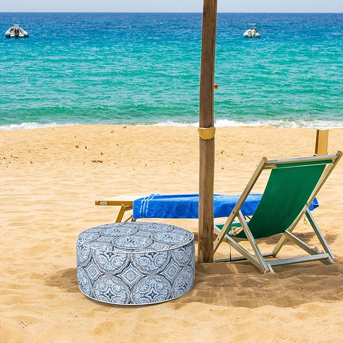 Inflatable Ottoman Stool D21 xH9 for Outdoor/Indoor Use, Water Repellent Patio Foot Rest Stool with Portable Handle,Round Pouf Ottoman Suitable for Garden,Deck and Camping - Medallion Blue-Ruum Studio Home