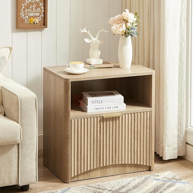 Fluted Nightstand Set of 2, Natural Oak Bedside Table with Drawer and Storage, Wood End Table Mid Century Modern, Large Night Stand for Bedroom-Ruum Studio Home