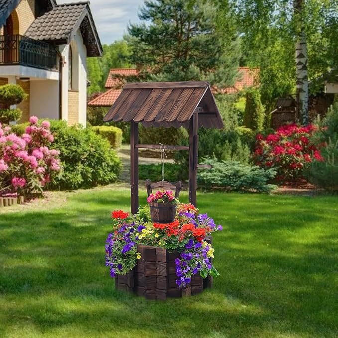 Garden Wooden Decor Rustic Wishing Well Planter Outdoor Home Décor for Patio, Upgrade Wishing Well Garden, Yard Hanging Bucket Patio Lawn Backyard Home Decor-Ruum Studio Home