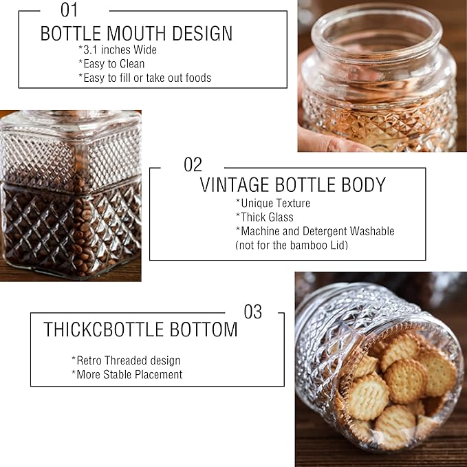 Large Glass Storage Jar, 60 FL OZ Glass Food Storage Containers with Bamboo Lid, Kitchen Containers Cereal Canisters Decorative Jar for Candy Snack Cookies Coffee Tea Nuts Airtight Glass Jars (Square)-Ruum Studio Home