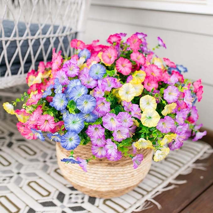 Artificial Flowers for Outdoors Fake Plants Outside Decoration, 12 Bundles Silk Colorful Morning Glory with Eucalyptus UV Resistant Realistic Faux Flowers for Planter Porch Patio Yard Indoor-Ruum Studio Home