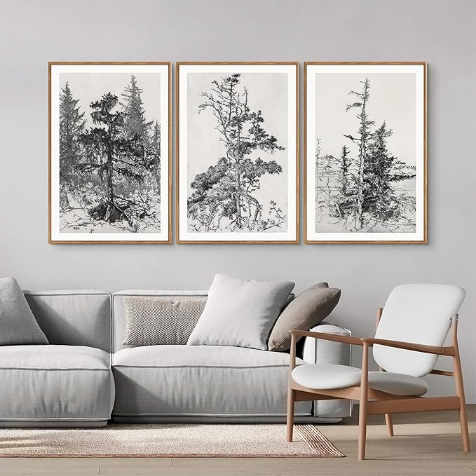 SIGNINART Vintage Tree Framed Wall Art Set , Black and White Antique Sketchbook Forest Painting, Wilderness Illustration Art Print , Retro Pine Tree Landscape Drawing Wall Decor for Living Room, Bedroom, Office (16"x24"x3)-Ruum Studio Home