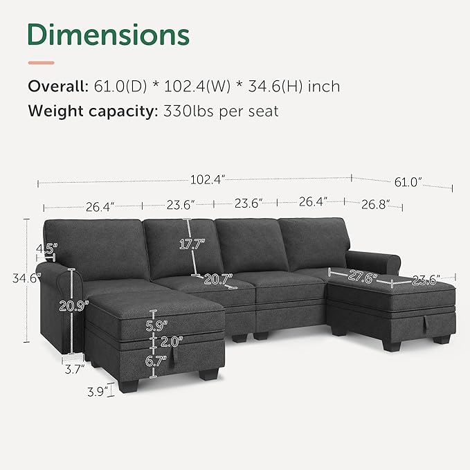 HONBAY Sectional Sofa with Storage Seat U Shaped Couch with Reversible Chaise Convertible Sectional Couches for Living Room,Dark Grey-Ruum Studio Home