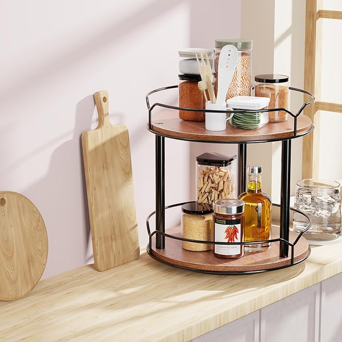 Lazy Susan Organizer 2 Tier - Turntable Spice Rack for Table Top, Wooden Rotating Lazy Susan for Cabinet Pantry Kitchen Countertop Dining Table Cupboard Bathroom Vanity Storage-Ruum Studio Home