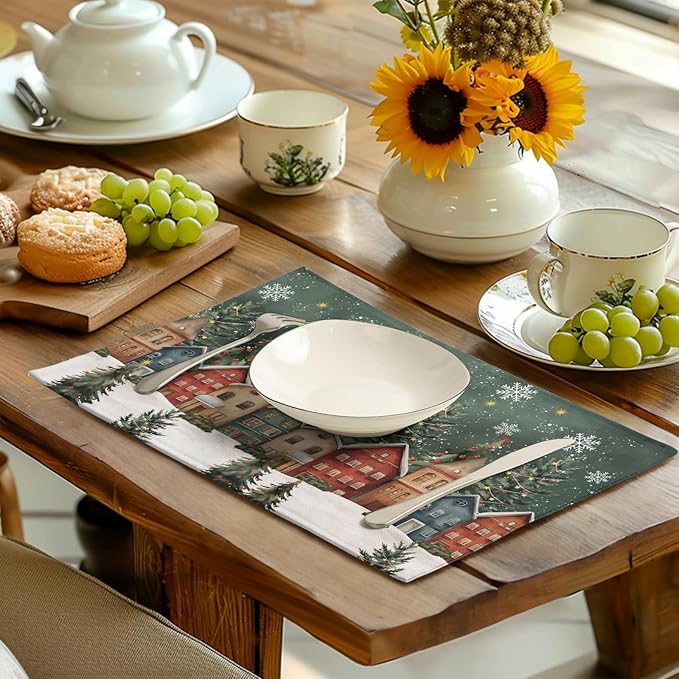 Christmas Placemats 12x18 Inch Set of 4, Winter Xmas Tree Wonderland Forest Village Town House Snowflake Linen Table Mats Washable Place Mats for Party Kitchen Dining Outdoor Indoor Decor-Ruum Studio Home