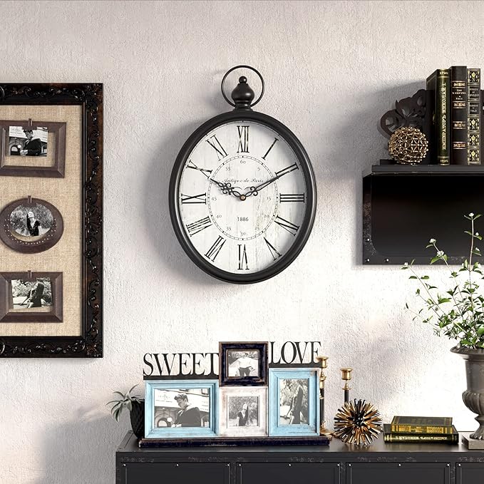 Menterry Oval Retro Wall Clock, Rustic Vintage Style, Black Antique Design, Battery Operated Silent Decor Large Wall Clocks for Kitchen,Farmhouse,Office (15.5" H x 10.5" W)-Ruum Studio Home