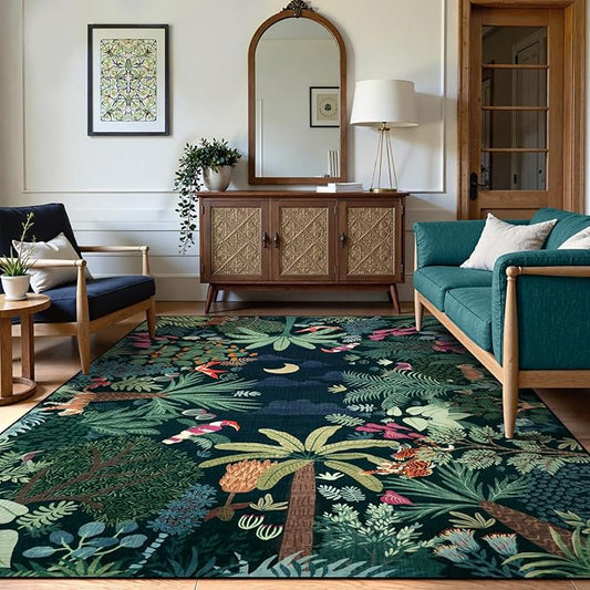LIVEBOX 6x9 Jungle Dark Rug Dining Room Rugs for Under Table, Soft Modern Green Rugs for Living Room, Washable Kids Rug for Boy Bedroom, Non-Skid Kids Carpet Playmat for Play-Ruum Studio Home