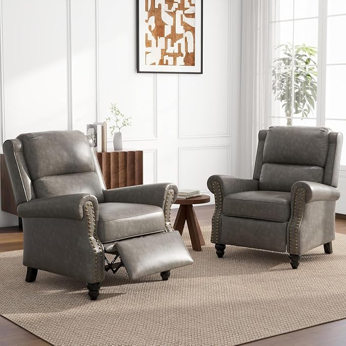 UIXE Pushback Recliner Chairs Set of 2, Faux Leather Armchair Push Back Accent Chair for Living Room, Rivet Trim Club Arm Chair Overstuffed Home Theater Single Sofa Reading Seat with Footrest - Gray-Ruum Studio Home