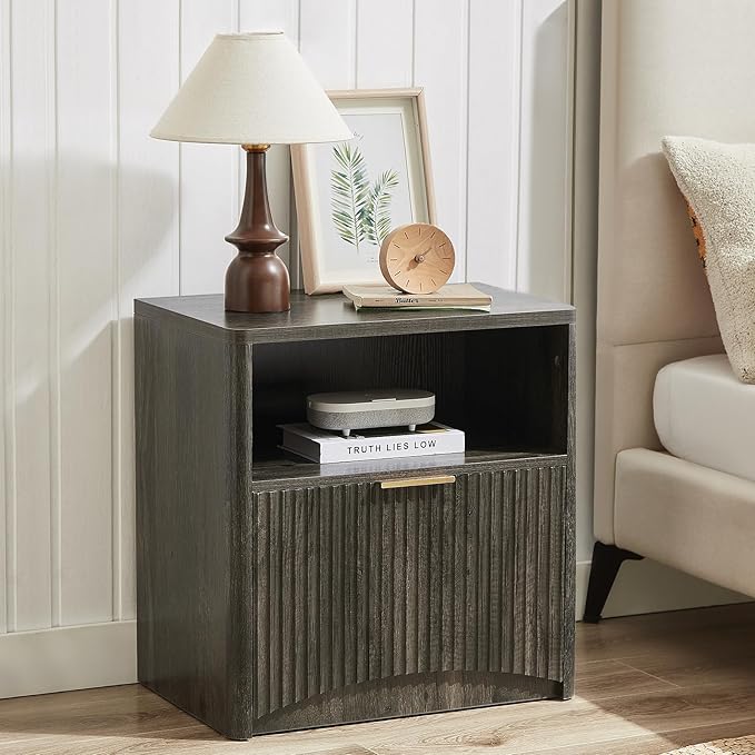 Fluted Nightstand, Dark Grey Bedside Table with Drawer and Storage, Wood End Table Mid Century Modern, Large Night Stand for Bedroom-Ruum Studio Home