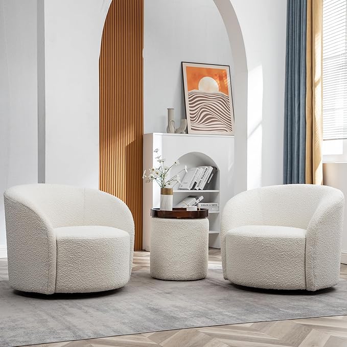 KINWELL 34" Boucle Swivel Barrel Chair with 18" Round Ottoman Set, Fully Assembled Set of Sherpa Accent Chair and Footrest, Modern Comfy Armchair and Footstool for Living Room and Bedroom, Cream-Ruum Studio Home
