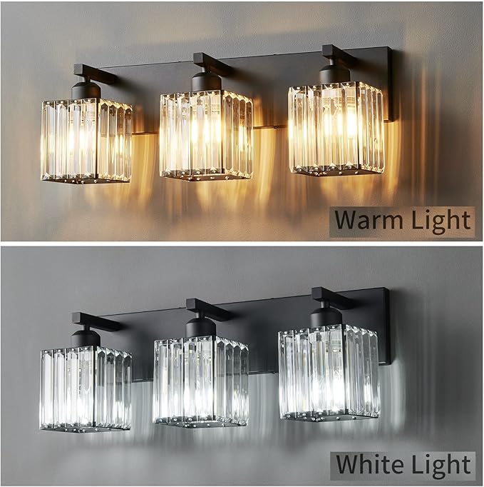 Modern Bathroom Vanity Light 3-Lights Modern Black Crystal Wall Light Bathroom Vanity Light Fixtures-Ruum Studio Home