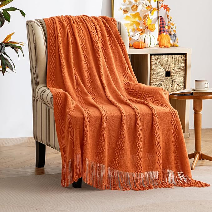 MIULEE Burnt Orange Knitted Throw Blanket for Couch Boho Textured Cozy Woven Blanket with Tassels for Sofa Chair Bed Living Room Fall Home Decor Farmhouse Acrylic Wave Pattern 50"x60"-Ruum Studio Home