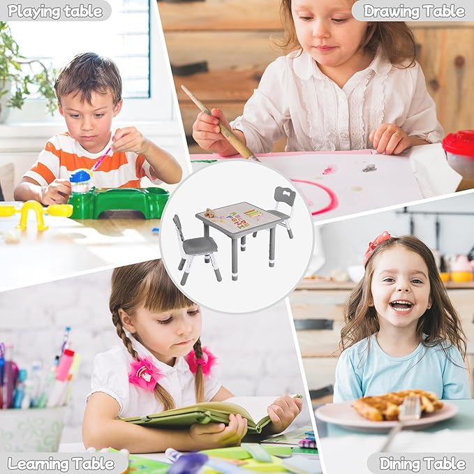 Toddler Table and Chair Set, Height Adjustable-Upgrade Kids Table and 2 Chairs for Ages 3-8, Multi-Activity Toddler Play Table with Graffiti Desktop for Home/Daycare/Classroom-Ruum Studio Home