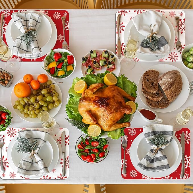 Christmas Placemats Set of 6 Christmas Red and White Snowflake Plastic Table Mats Winter Place Mats Washable Seasonal Xmas Winter Holiday Table Decoration for Indoor Outdoor Party Kitchen Dining-Ruum Studio Home