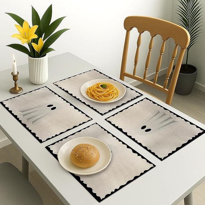 Halloween Ghost Placemats, 4Pcs Black&White Washable Heat Resistant 12×18 Inch Table Mats Cute Place Mats for Party Outdoor Decoration Kitchen Dining Décor-Ruum Studio Home
