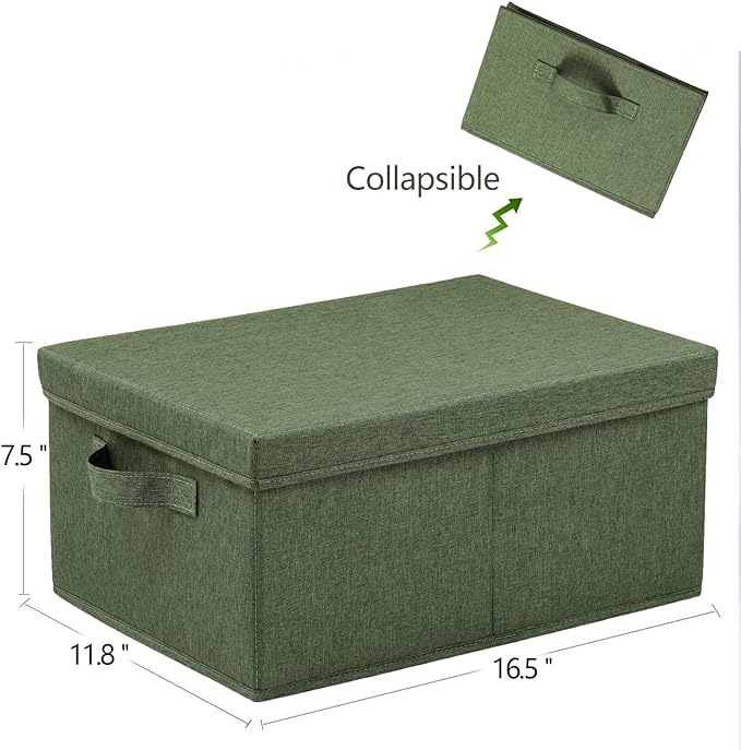 HOONEX Storage Bins with Lids for Organizing, Pack of 2, Storage Boxes with 2 Carrying Handles and Sturdy Heavy Cardboard, 16.5" L x 11.8" W x 7.5" H for Shoes, Books, Clothes, Olive-Ruum Studio Home