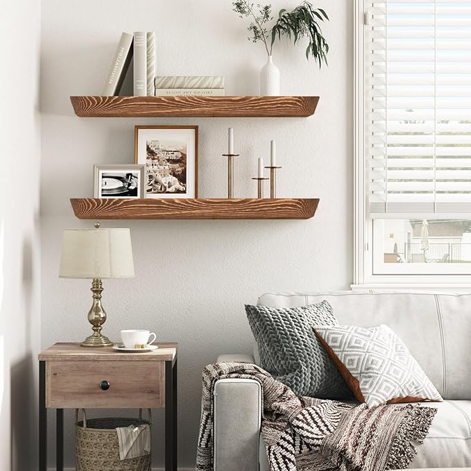 24"x6.8"x1.6" Slanted Floating Wall Shelves 2-Pack - Rustic Brown Finish, Heavy-Duty Solid Wood Design with Hidden Brackets - Perfect for Living Room, Kitchen, Bathroom, or Office-Ruum Studio Home