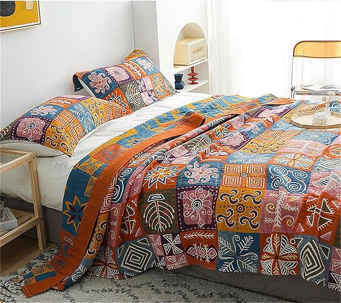 Cotton Throw Boho Blanket for Couch Bed,Cotton Quilted Boho 80''x90'' Muslin Blankets Travel Mexican Super Soft Blanket-Ruum Studio Home